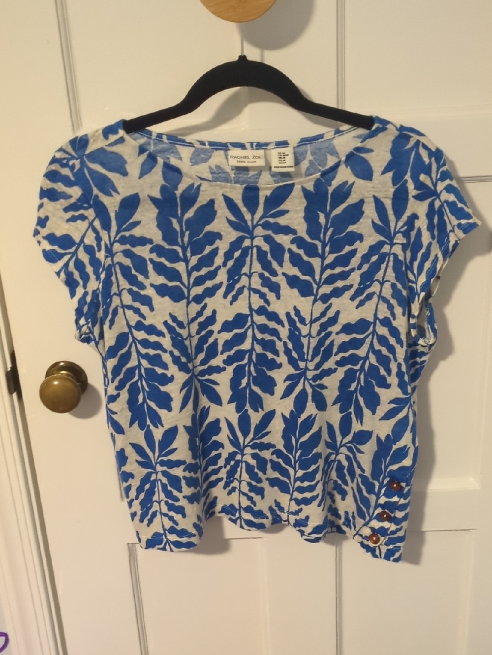 Rachel Zoe Cream Tee with Bold Blue Leaf Print